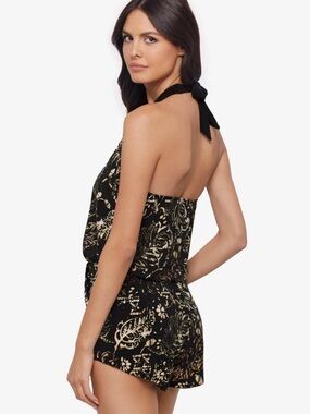 Miraclesuit Black and Cream Floral Halter One-Piece Swim dress romper